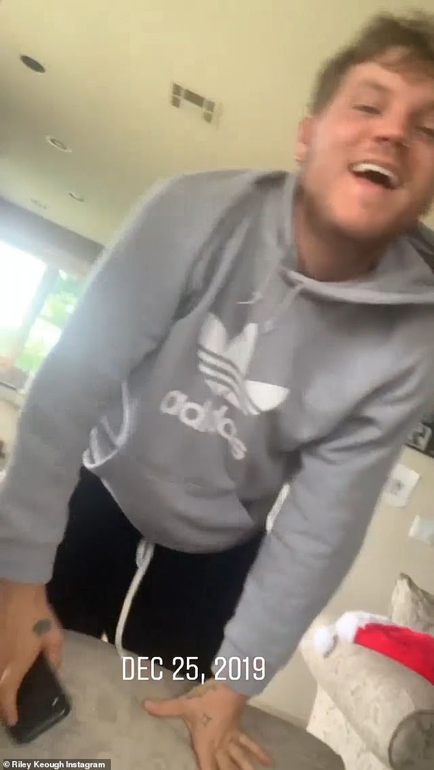 Fooling around: She previously posted multiple videos of the two, including one of Ben jumping upon the couch while wearing a gray Adidas hoodie
