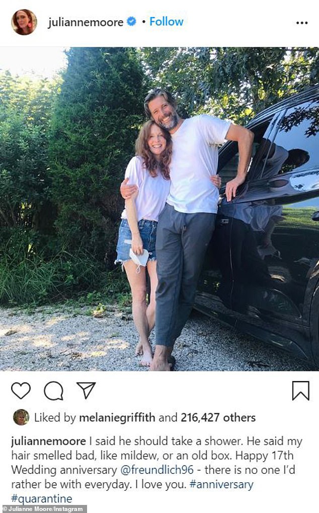 Going strong: Julianne Moore, 59, celebrated her 17th wedding anniversary with her husband Bart Freundlich on Sunday with an Instagram photo of the two embracing while barefoot