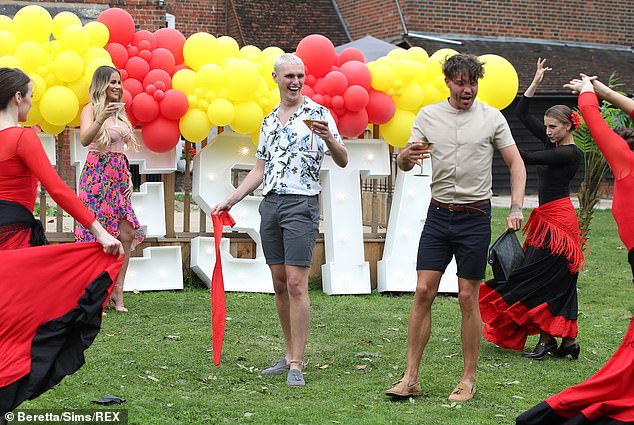 Letting their hair down: Matt, meanwhile, stood out in a patterned shirt, shorts and loafers as the duo let loose at the get-together (Georgia Kousoulou pictured right)