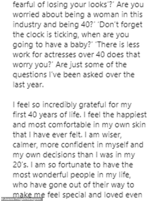 Confident: Joanne Froggatt has celebrated her recent 40th birthday with an inspirational post about ageing on Instagram