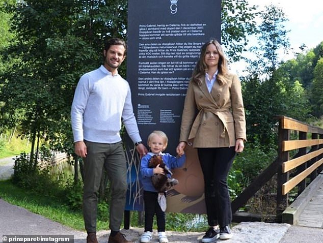 Taking to their Instagram page, the royal couple (pictured with their son) posted an adorable black-and-white snap of Prince Gabriel, grinning next to his birthday cake today