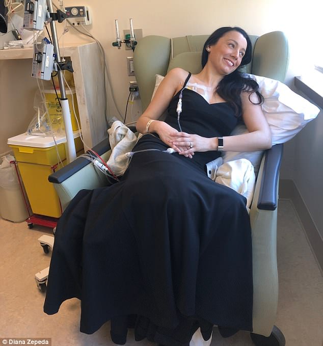 Diana Zepeda, 33, celebrated the last of her six months of chemotherapy treatment for stage 4 colon cancer in an elegant gown yesterday 