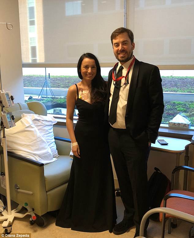 Zepeda and her husband celebrated her final chemotherapy session yesterday by wearing black tie attire to the hospital 