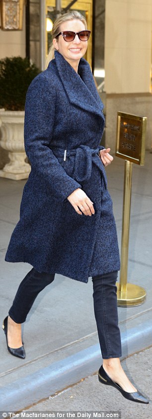 All smiles: Ivanka was the picture of elegance in a belted wool coat, skinny jeans, and black flats as she left her Park Avenue apartment on Wednesday