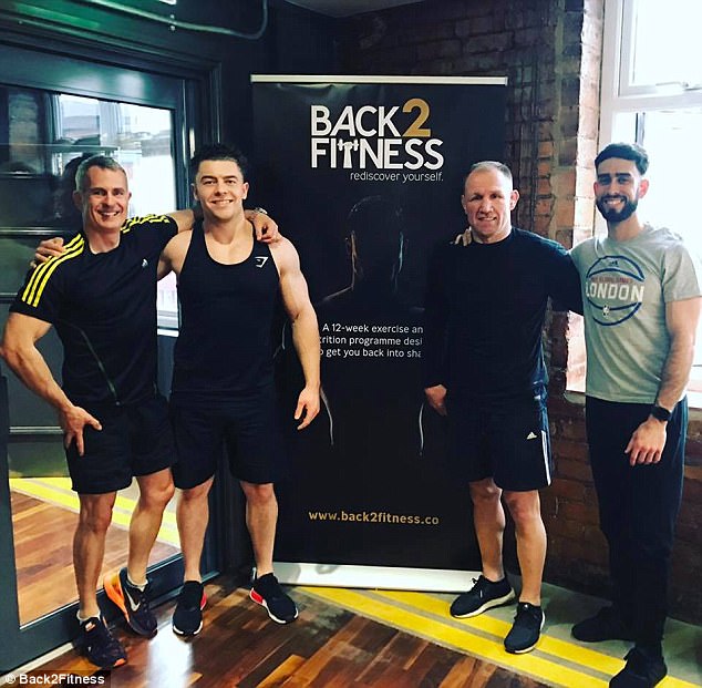 Bren, left, followed the Back2Fitness programme, developed especially for men looking to boost their fitness and tone their body, after being inspired by rugby star Neil Back MBE, second from right, who  also followed the programme