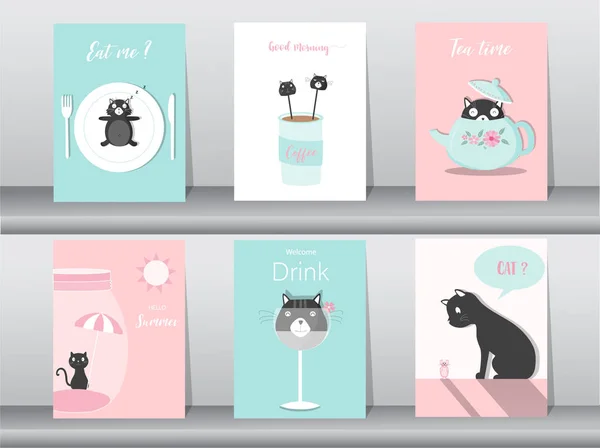 Set of cute animals poster,template,cards,cats,table ware,food,sweets, cartoons,summer,cute vectors,Vector illustrations Stock Illustration