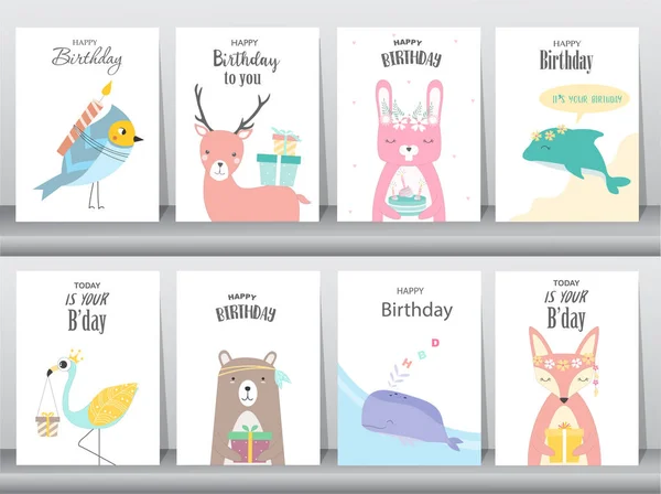Set Birthday Invitations Cards Poster Greeting Template Animals Rabbit Cake Royalty Free Stock Vectors