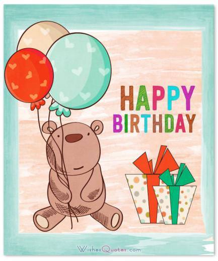 Adorable card with birthday wishes for baby boy, showing a teddy bear and balloons.